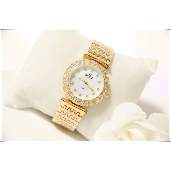B.S Round Gold Plated Full Diamond Dial Ladies Watch