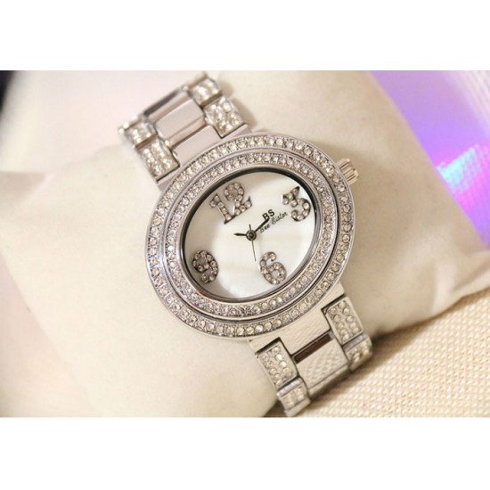B.S Oval Silver Full Case With Diamond Ladies Watch