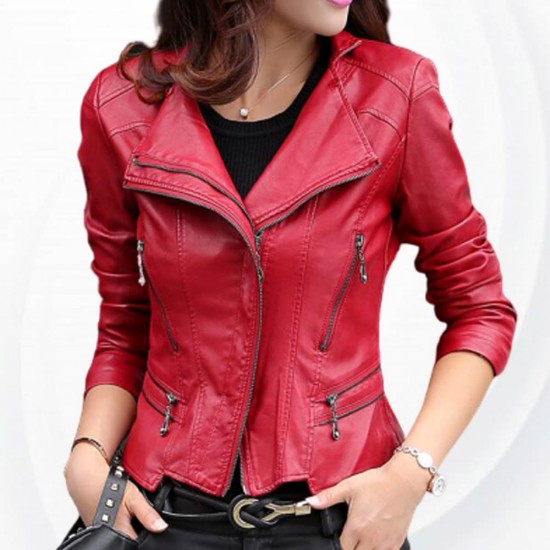 Women's Fashion Red Color Leather Casual Jacket WJ-24R image