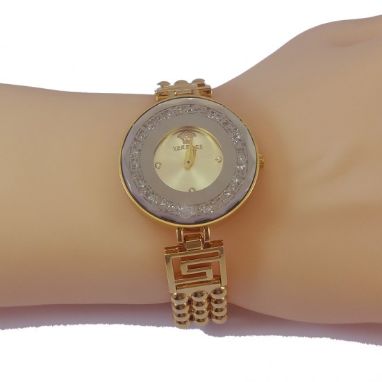 Versace Style Round Gold Dial Diamond Gold Bracelet Watch for Women CHD-113G