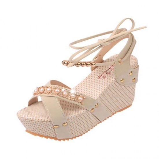 Women Fashion Cream Color Thick Crust Wedge Sandals CSW-14CR image