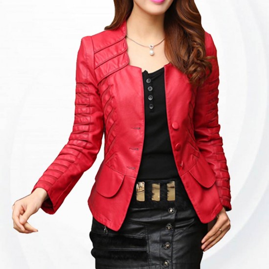 Women's Fashion Korean Splicing Red Leather Casual Jacket WJ-06RD