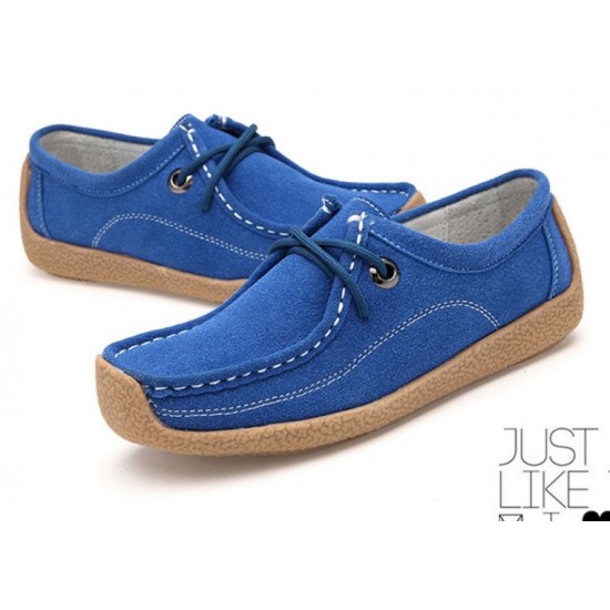 Women Blue Leather Snail Scrub Flat Shoes S-33BL