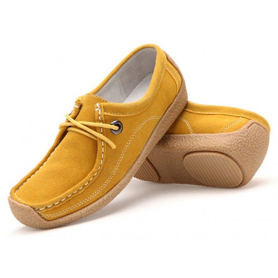 Women Yellow Brown Leather Snail Scrub Flat Shoes S-33YL
