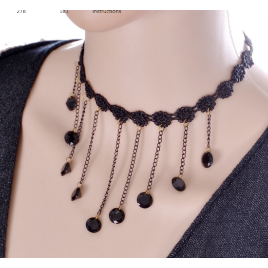 Women Lace Black Gem Pendant Ornament Necklace  N-16 (Black) Women Lace Black Gem Pendant Ornament Necklace  N-16 (Black)