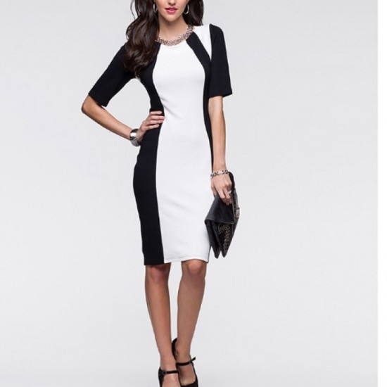 Women Fashion Slim White Color Splicing Bursts Bodycon Dress WC-04 image