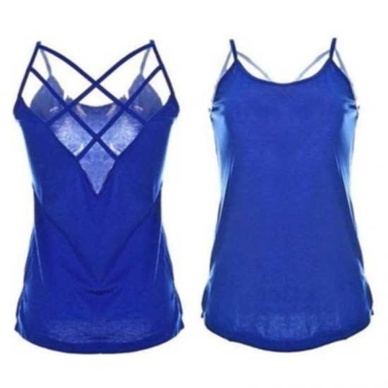 Womens Fashion Round Neck Blue Color Sleeveless Vintage Shirt WC-05BL image