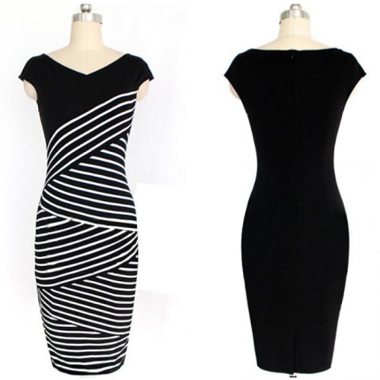 Womens Fashion V Neck Collar Striped Stitching Sleeveless Black Skirt WC-18 image
