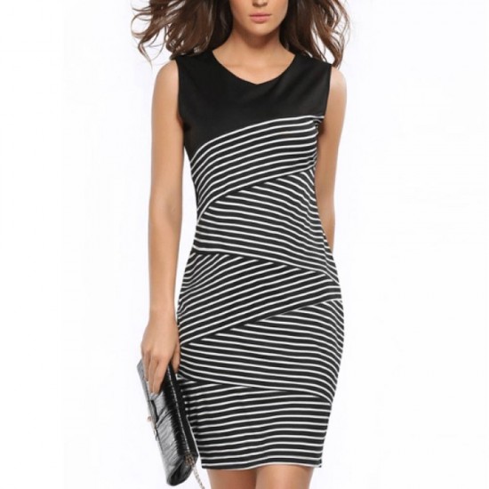 Womens Fashion V Neck Collar Striped Stitching Sleeveless Black Skirt WC-18 image