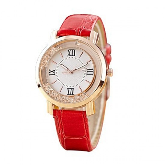 Korean Fashion Red Color Ladies White Diamond Leather Watch W-01