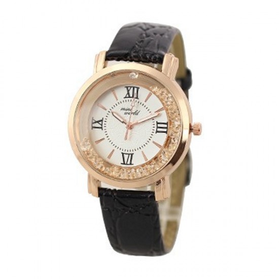 Korean Fashion Black Color Ladies White Diamond Leather Watch W-01