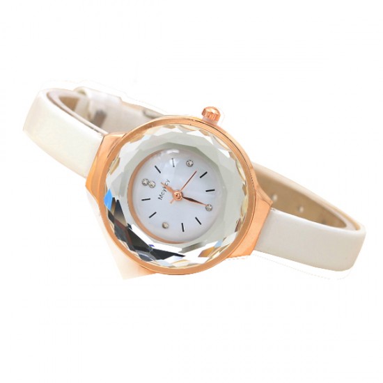 Crystal Glass Dial Fine European Fashion White Color Ladies Leather Watch W-06
