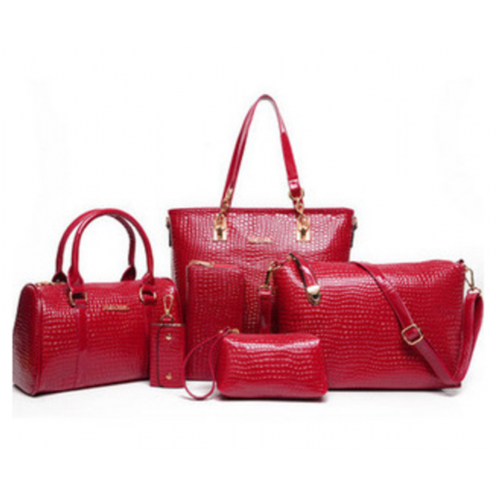 Worsely Red 6 Piece Crocodile Pattern Ladies Hand bags Set CLB-150RD