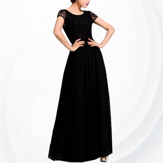 New Elegant Lace Designed Chiffon Big Pendants Short Sleeved Long Section Dress WC-71BK New Elegant Lace Designed Chiffon Big Pendants Short Sleeved Long Section Dress WC-71BK