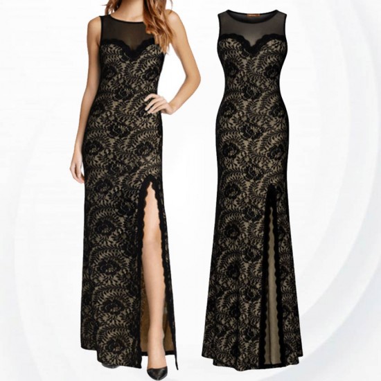 New Slim Sexy Round Neck Sleeveless High Elegant Stripe Cut Women Maxi Dress WC-75BK