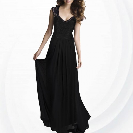 Princess Style With Long Lace Hollow Small Back V Neck Maxi Dress WC-83BK
